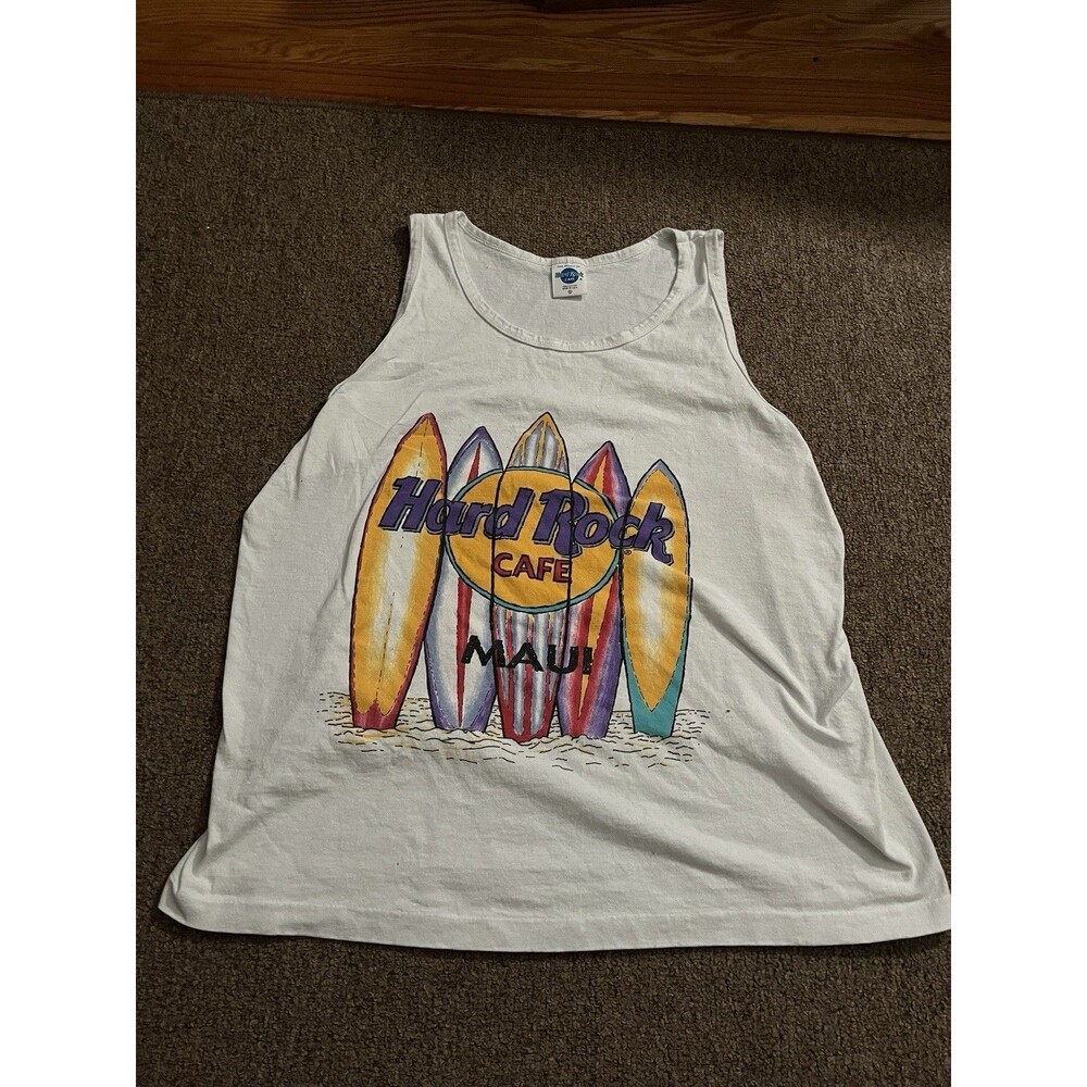 Hard Rock Cafe Maui Surfboard Graphic White Tank Top Size L single stitched